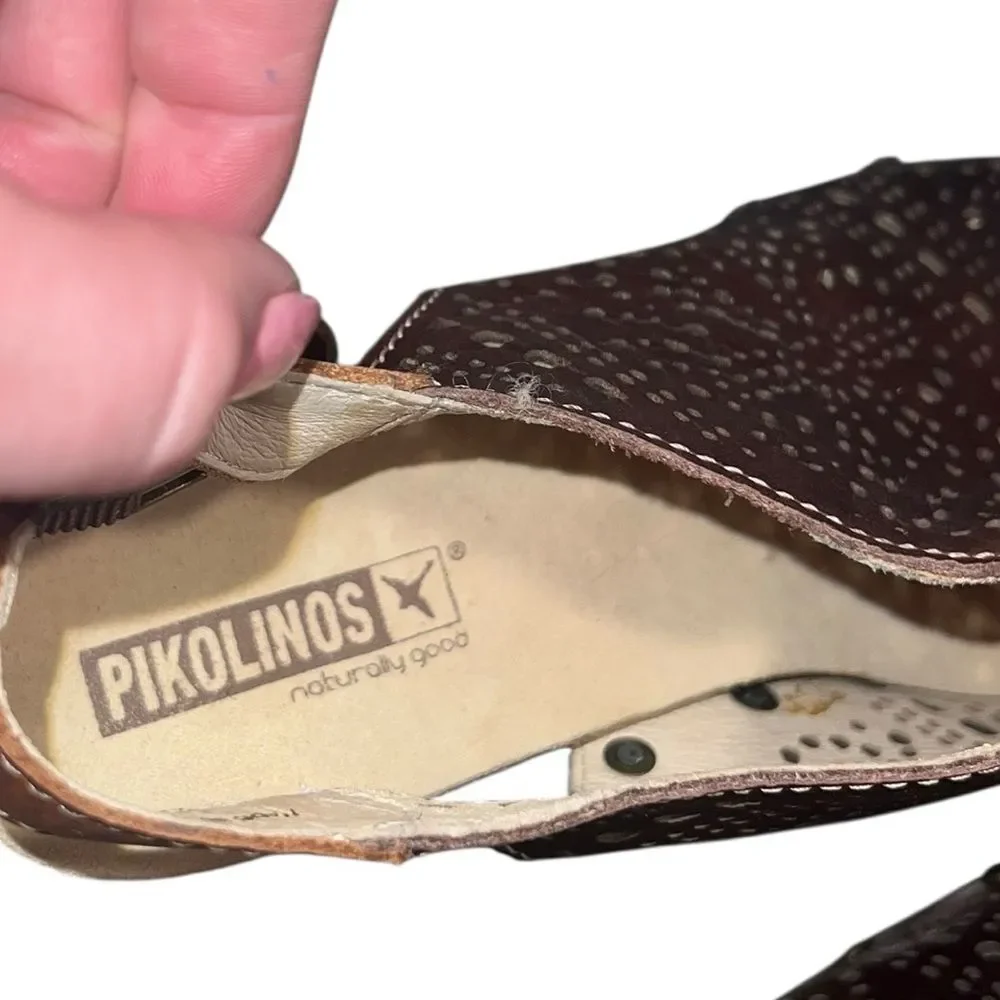 Pikolinos Brown Leather Wedge Sandals EU 39 Perforated Slingback Comfort Shoes